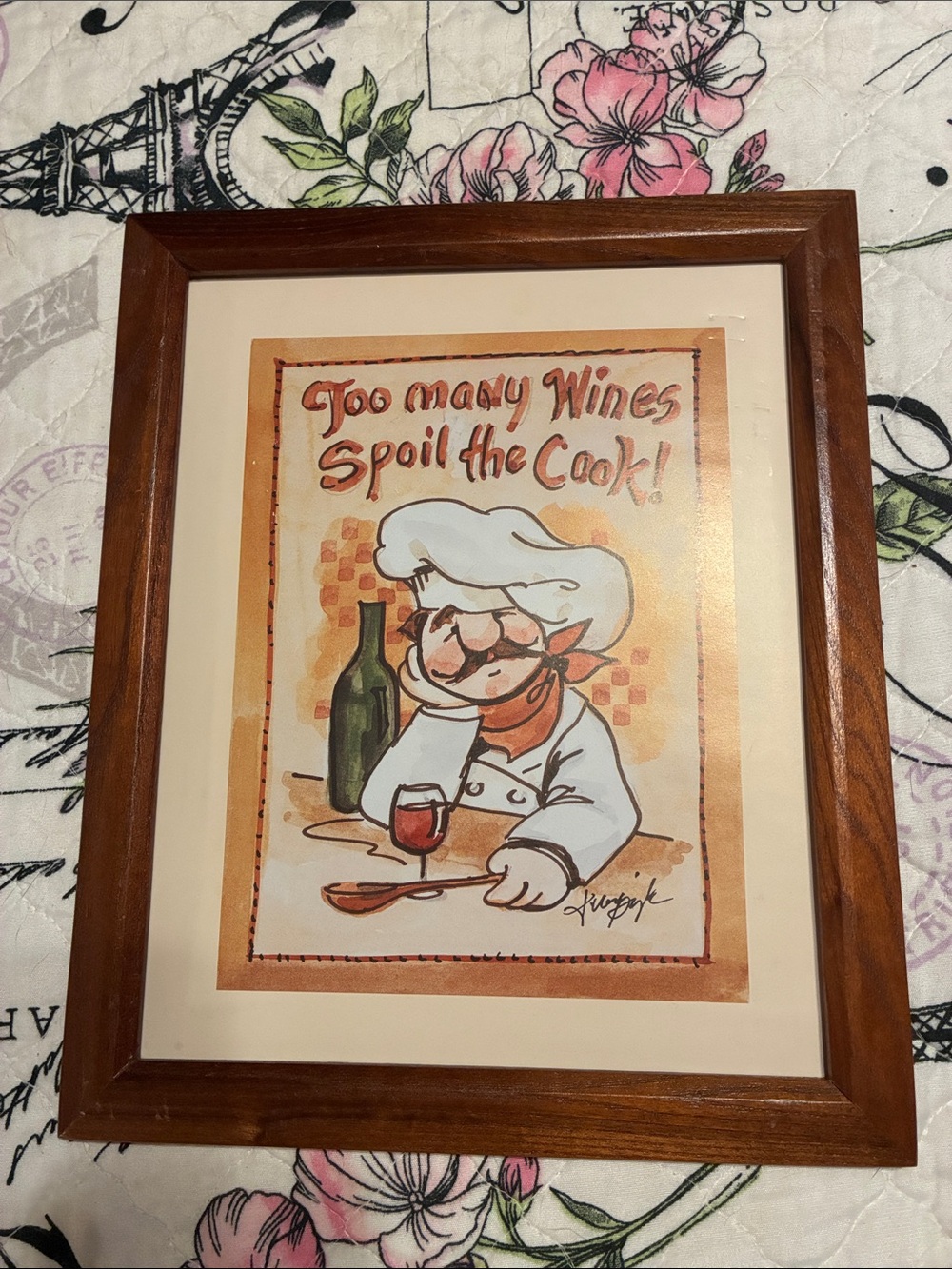 Too Many Wines Spoil the Cook Framed Kitchen Art - Brown Frame, No Glass